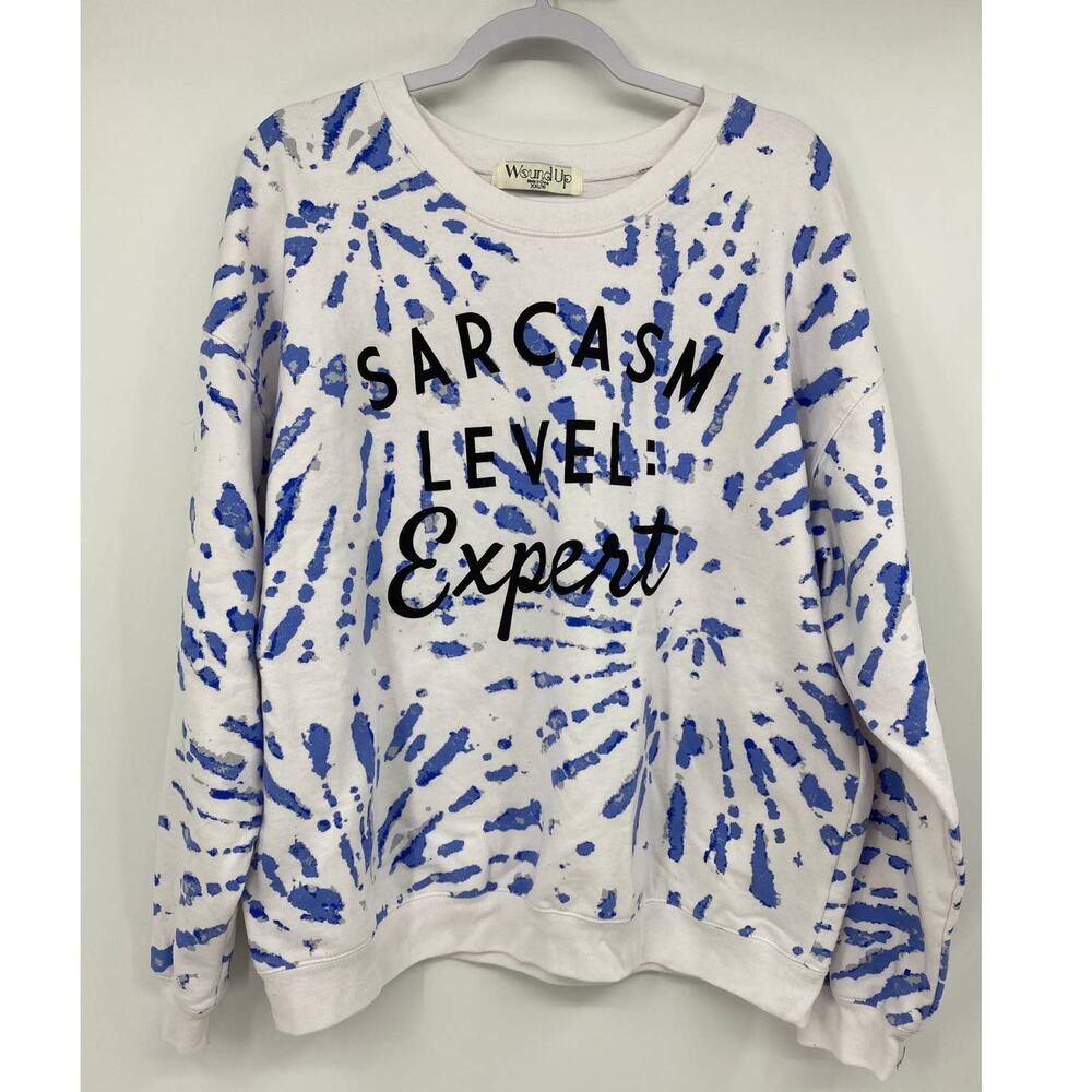 Wound Up Womens Sarcasm Level Expert Blue White Sweatshirt Sweater Top NEW XXL